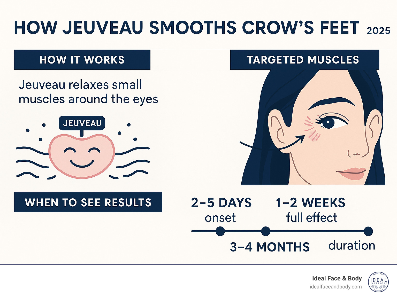 Infographic detailing how Jeuveau works to smooth crow's feet, showing the science of muscle relaxation, typical results timeline (2-5 days onset, 1-2 weeks full effect, 3-4 months duration), and the targeted muscles around the eyes for effective treatment - jeuveau crows feet infographic 