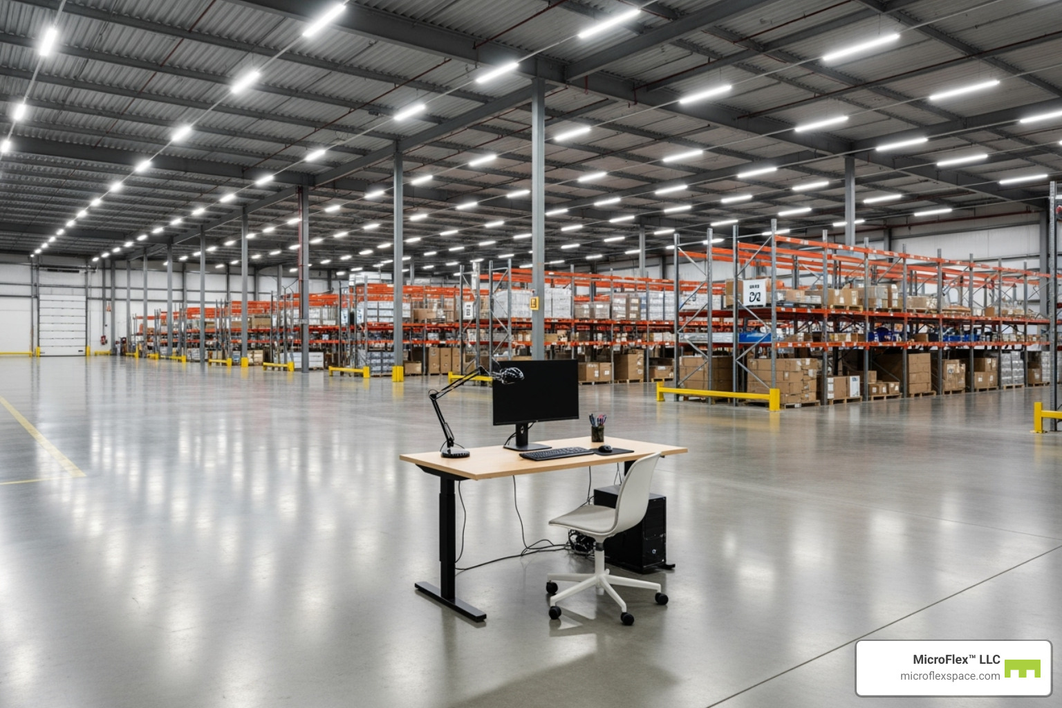 multi-use space with a small office desk setup inside a larger warehouse unit - mini-warehouse storage multi-use space with a small office desk setup inside a larger warehouse unit - mini-warehouse storage