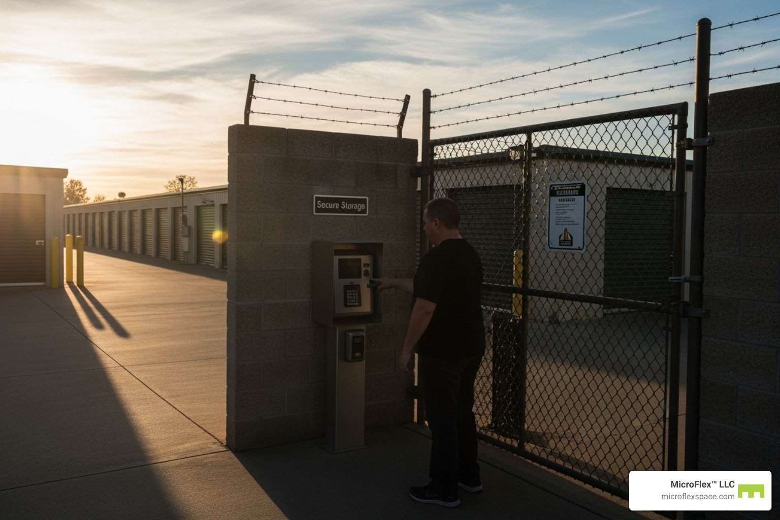 person using a keypad to access a secure storage facility gate - mini-warehouse storage person using a keypad to access a secure storage facility gate - mini-warehouse storage