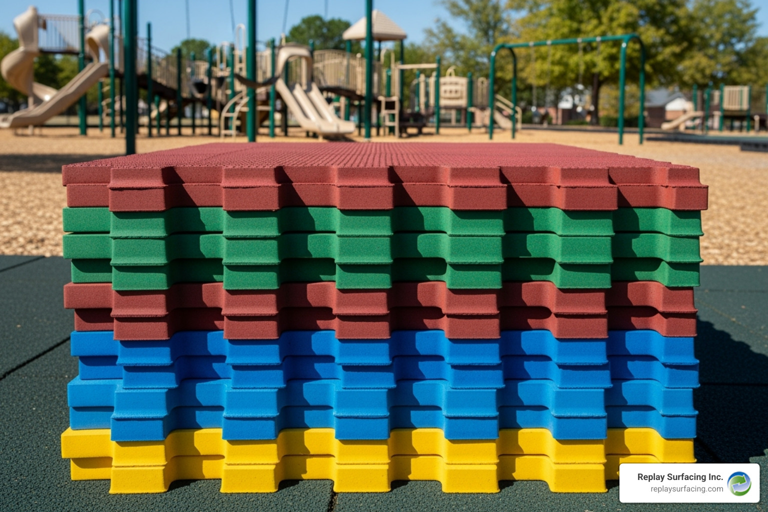 Stack of interlocking rubber tiles in various colors, with waffled texture, installed by Replay Surfacing Inc. in Charlotte, NC - playground tiles charlotte nc