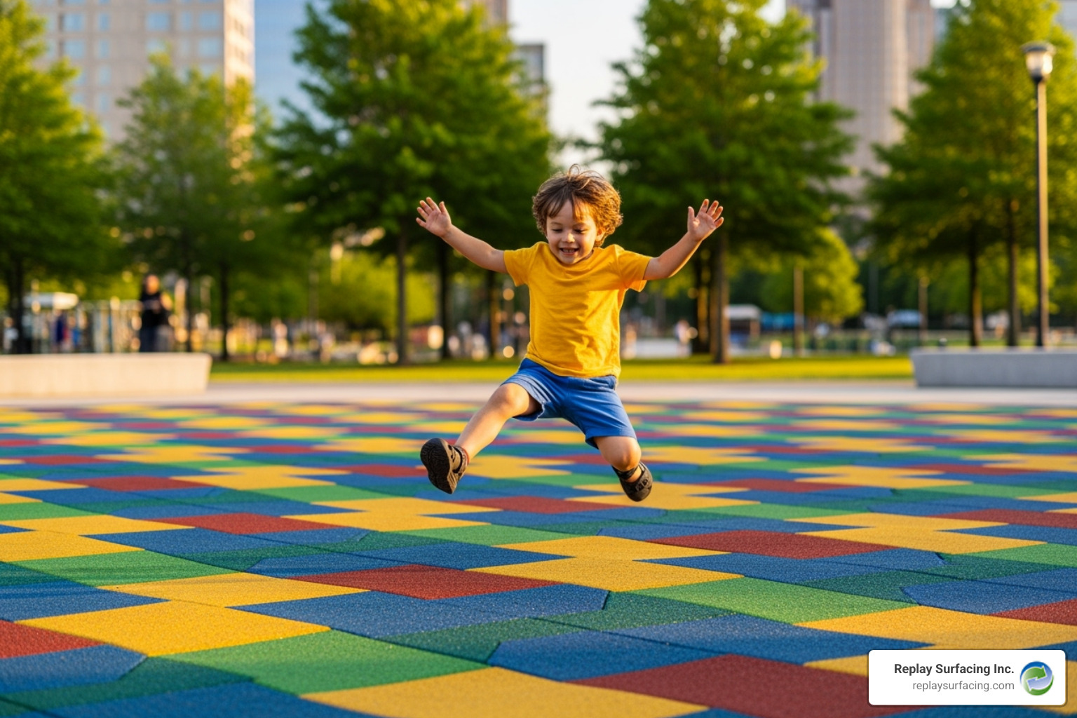 Diagram illustrating critical fall height on eco-safety tiles, showing a child falling onto a Replay Surfacing Inc. installation in Charlotte, NC - interlocking playground tiles charlotte nc