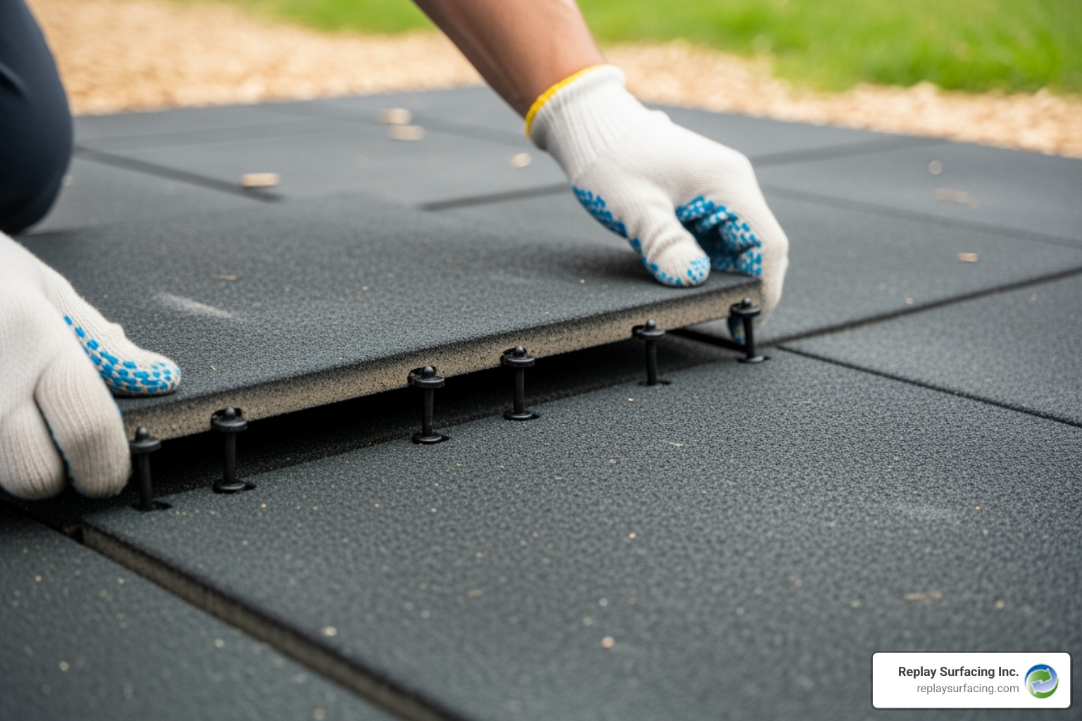 Replay Surfacing Inc. technician demonstrating easy interlocking of two rubber safety tiles with plastic pins in Charlotte, NC - playground tiles installation charlotte nc