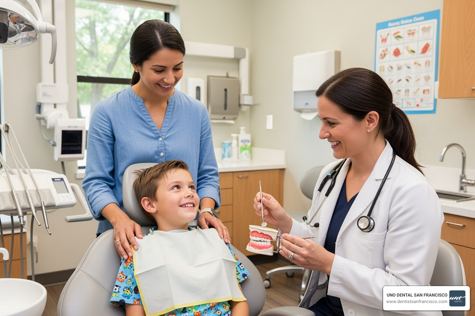 smiling child and parent with dentist - dental sedation for children