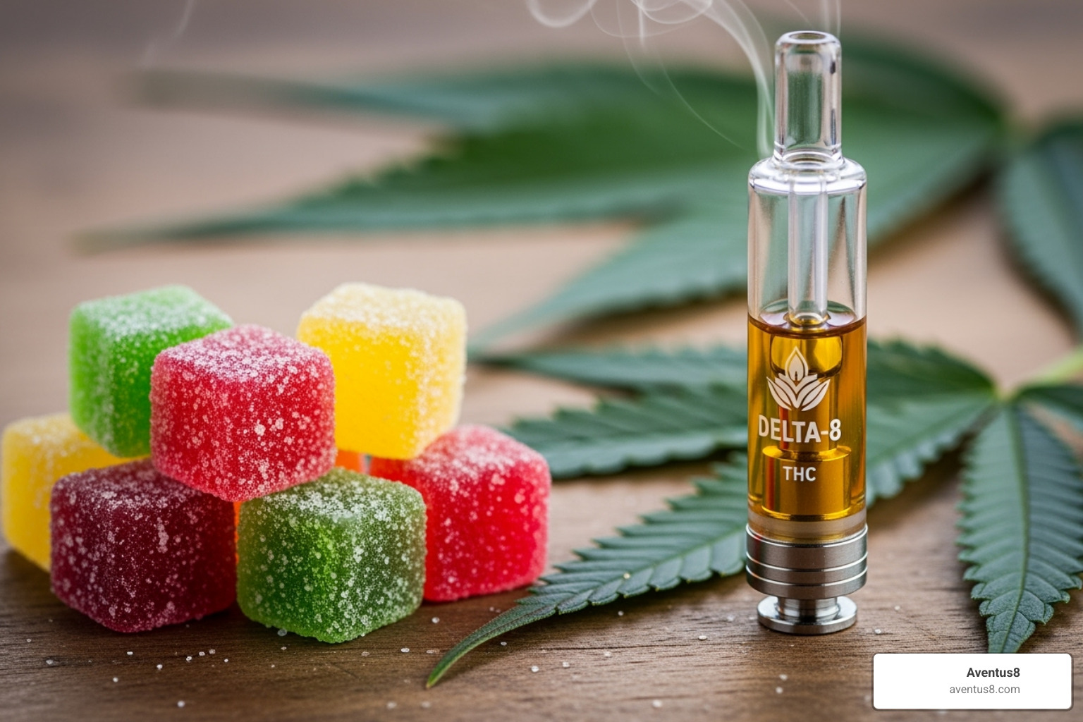 Aventus8 Delta-8 THC vape cartridge and gummies - Delta 8 THC content