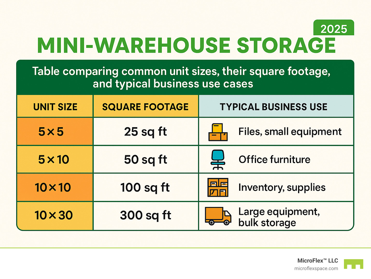 Table comparing common unit sizes, their square footage, and typical business use cases - mini-warehouse storage infographic Table comparing common unit sizes, their square footage, and typical business use cases - mini-warehouse storage infographic