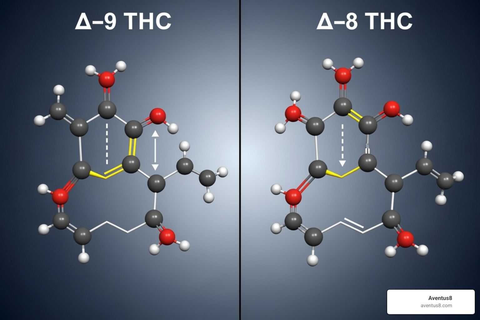 molecular structures of Delta-8 THC and Delta-9 THC - Delta 8 THC content