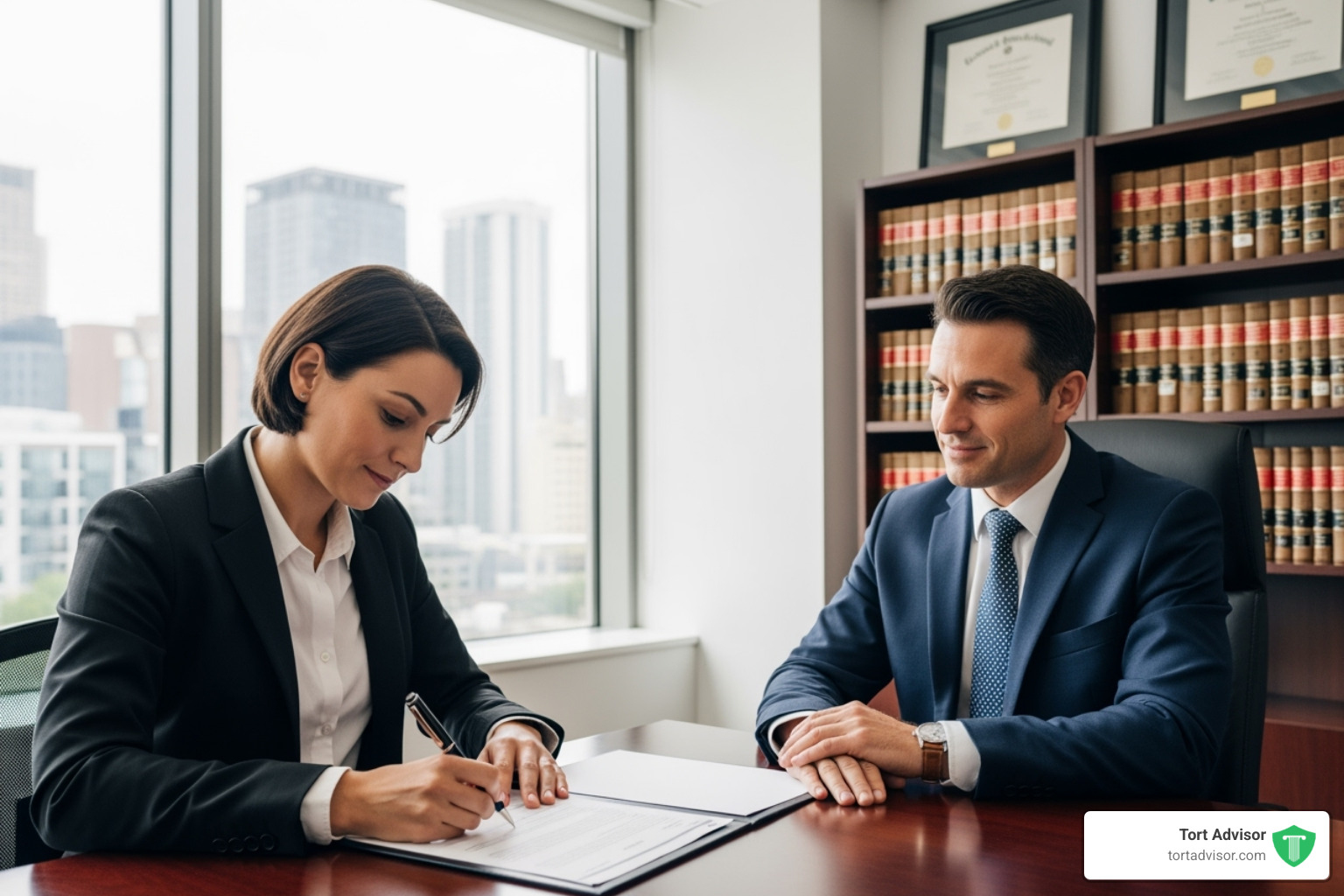 person confidently signing a document with their lawyer - do i need a personal injury lawyer