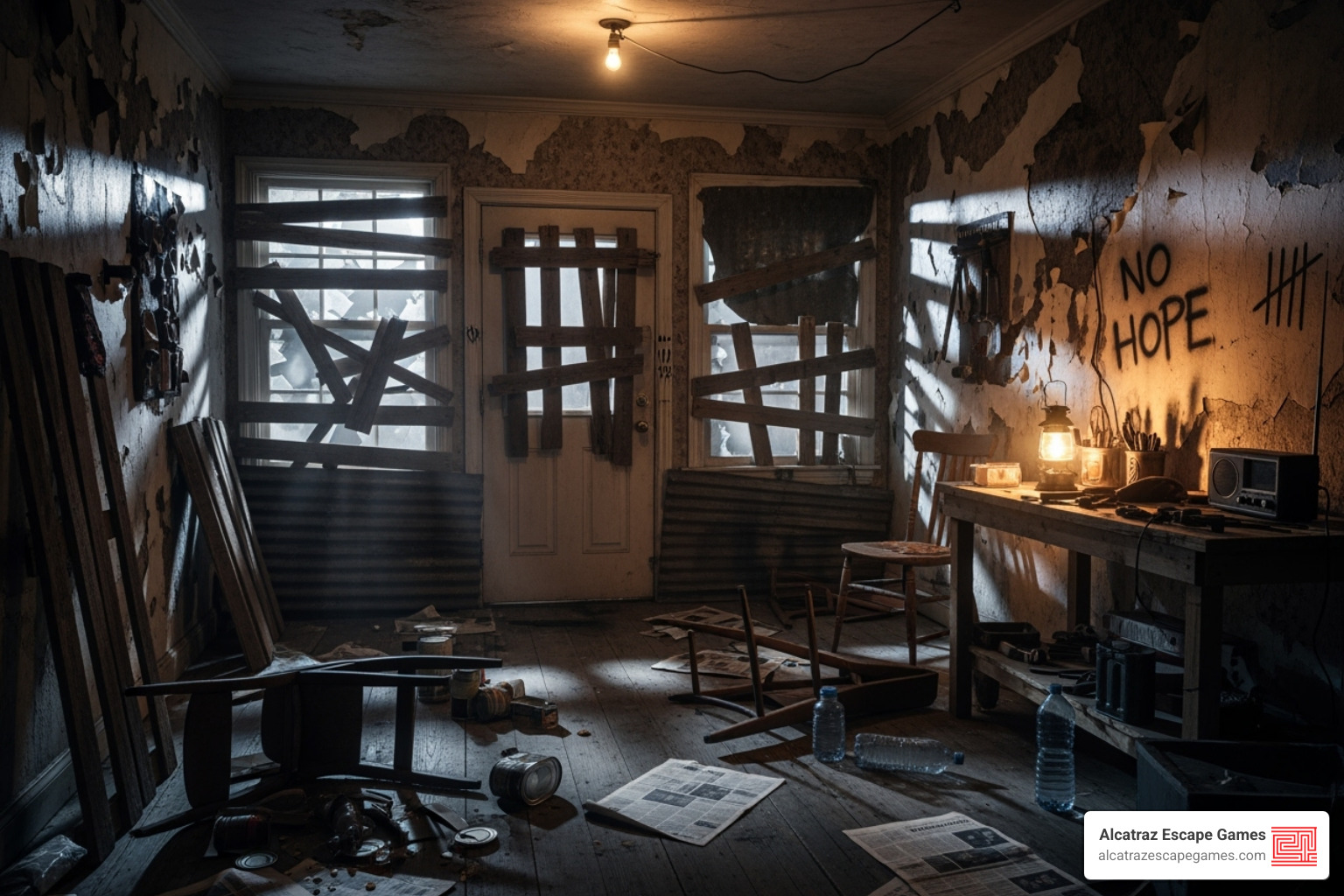 Rustic, barricaded room setting - zombie escape room