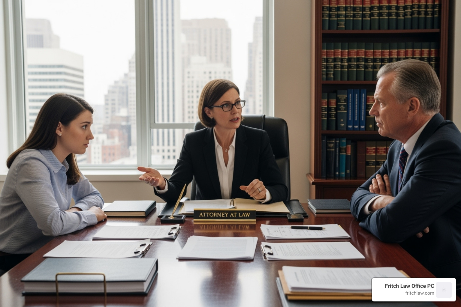 A tenant and a landlord speaking with an attorney at a desk, with legal documents visible - eviction attorney near me