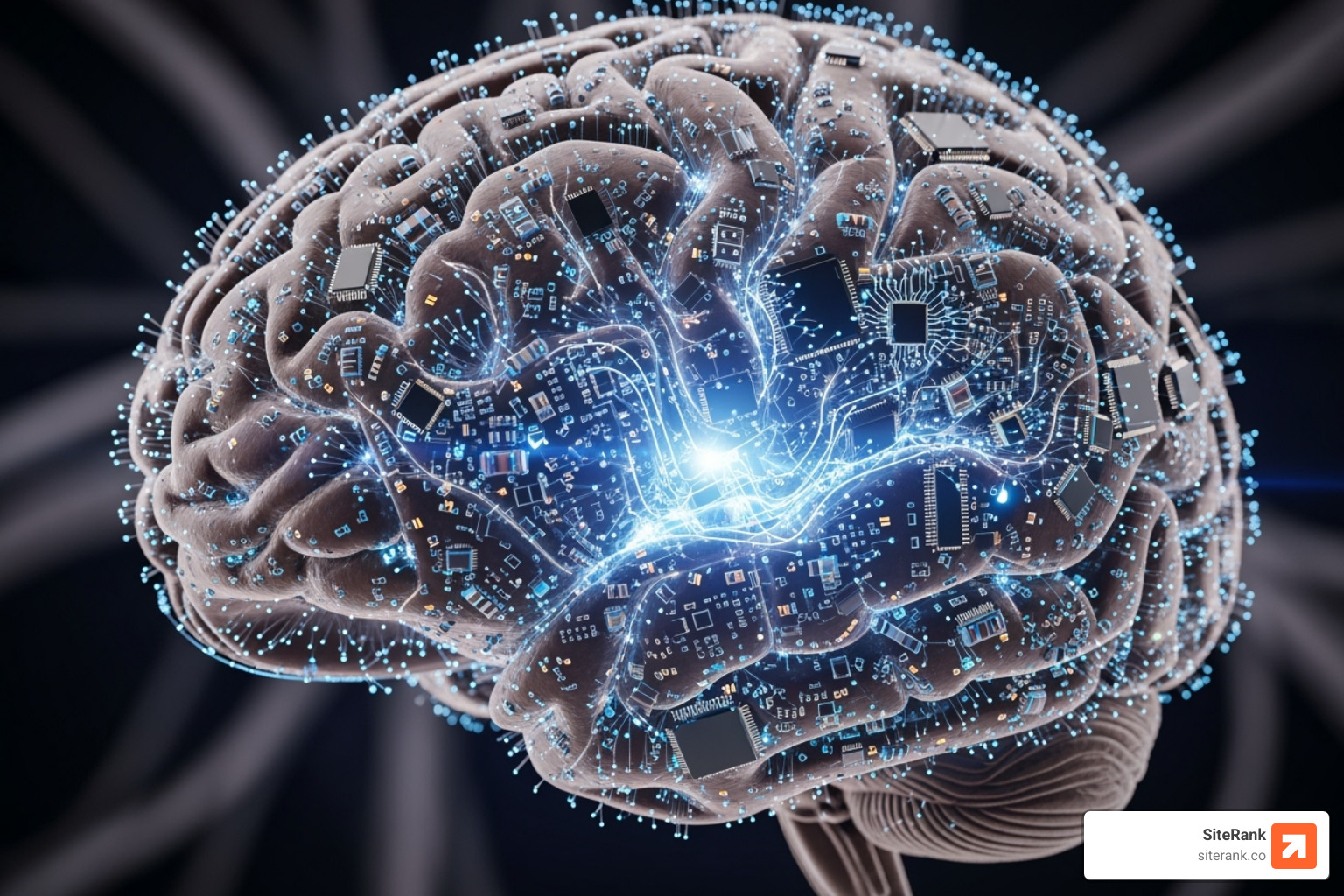 A brain with digital circuits, representing AI in search - seo marketing services online A brain with digital circuits, representing AI in search - seo marketing services online