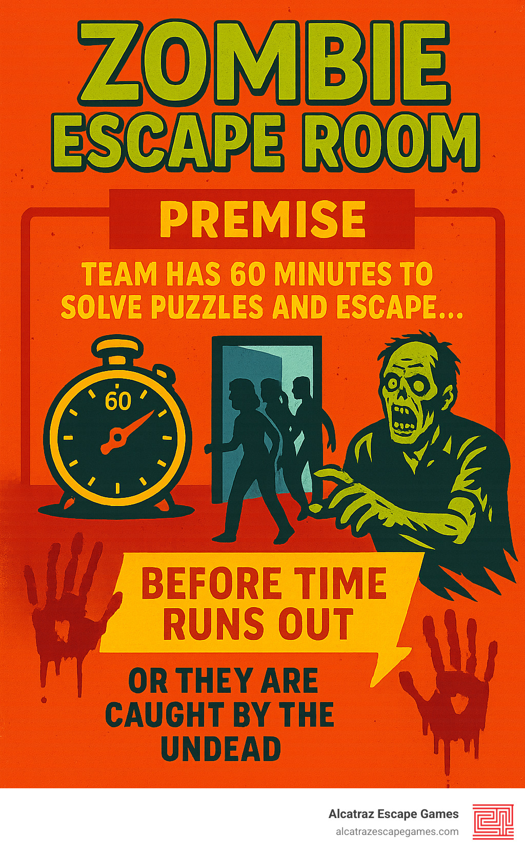 Infographic explaining the premise of a zombie escape room: players are given 60 minutes to solve puzzles and escape a zombie-infested scenario before time runs out or they are caught by the undead - zombie escape room infographic 