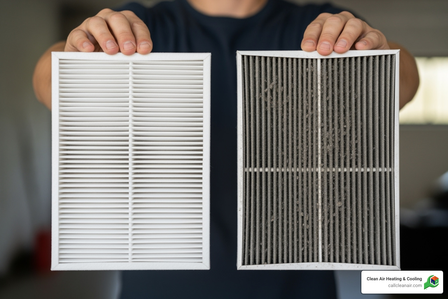 A person holding up a clean filter next to a dirty one - ac maintenance tips