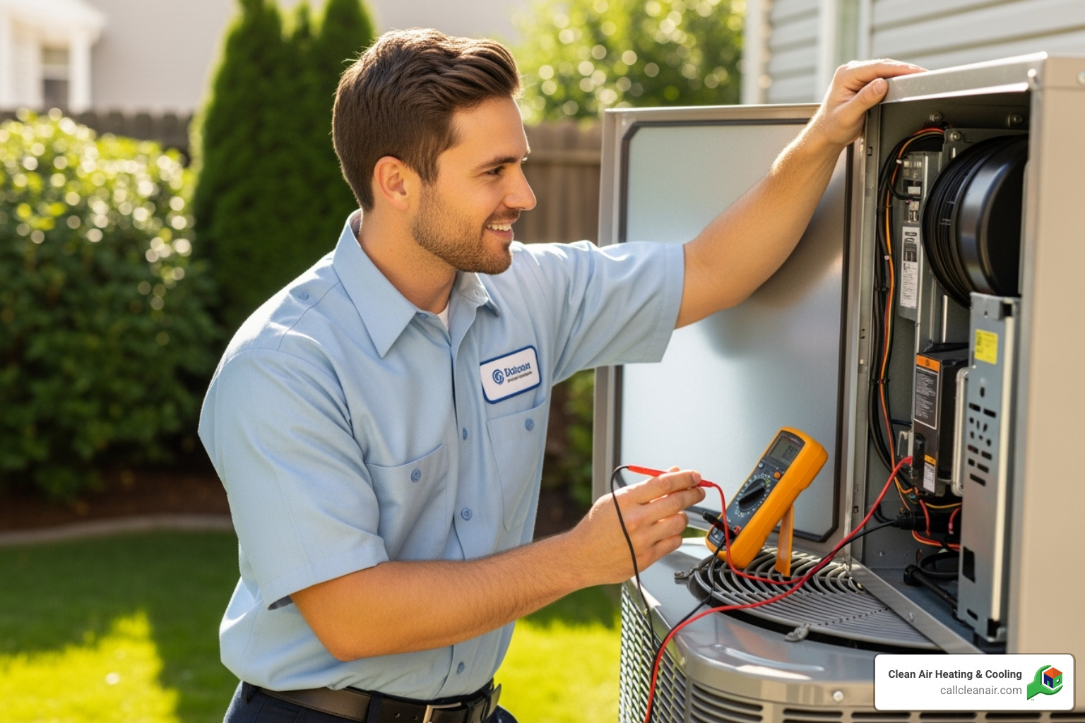 A friendly technician inspecting an HVAC system - ac maintenance tips