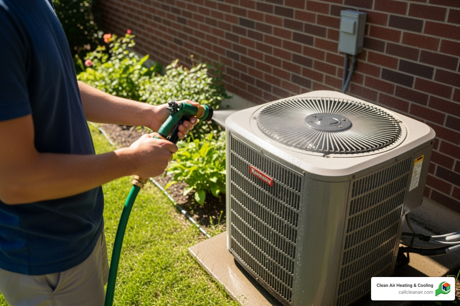 A garden hose gently spraying an outdoor AC unit - ac maintenance tips