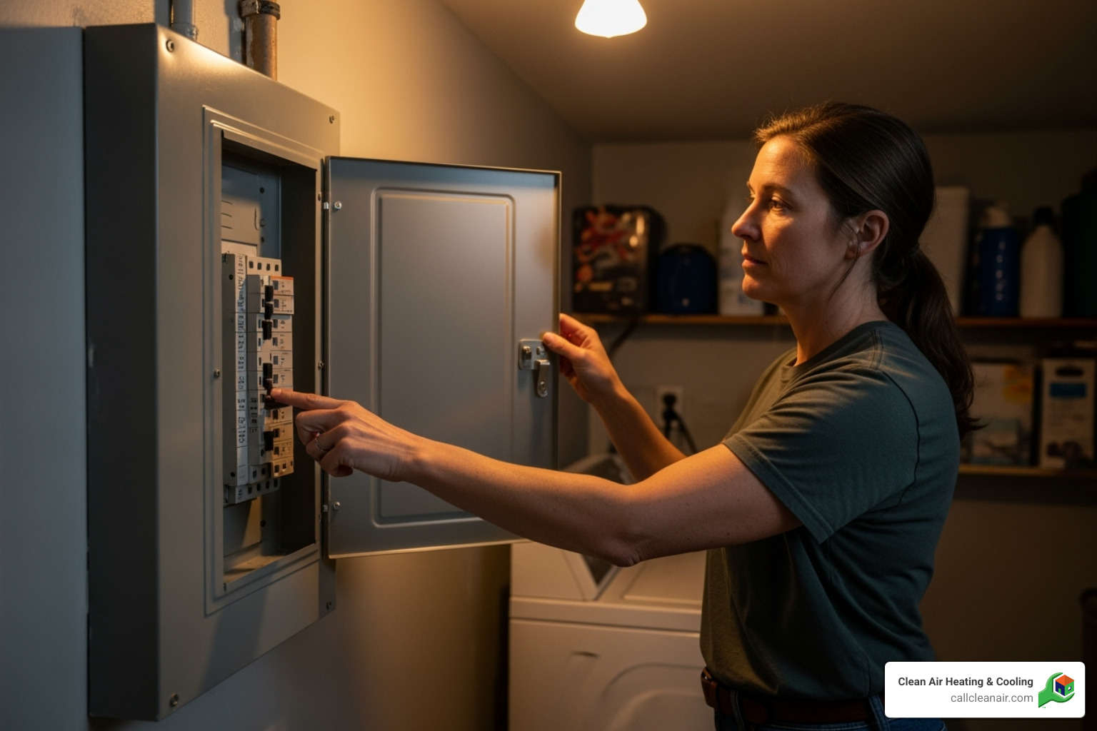 A homeowner turning off the power at the breaker box - ac maintenance tips
