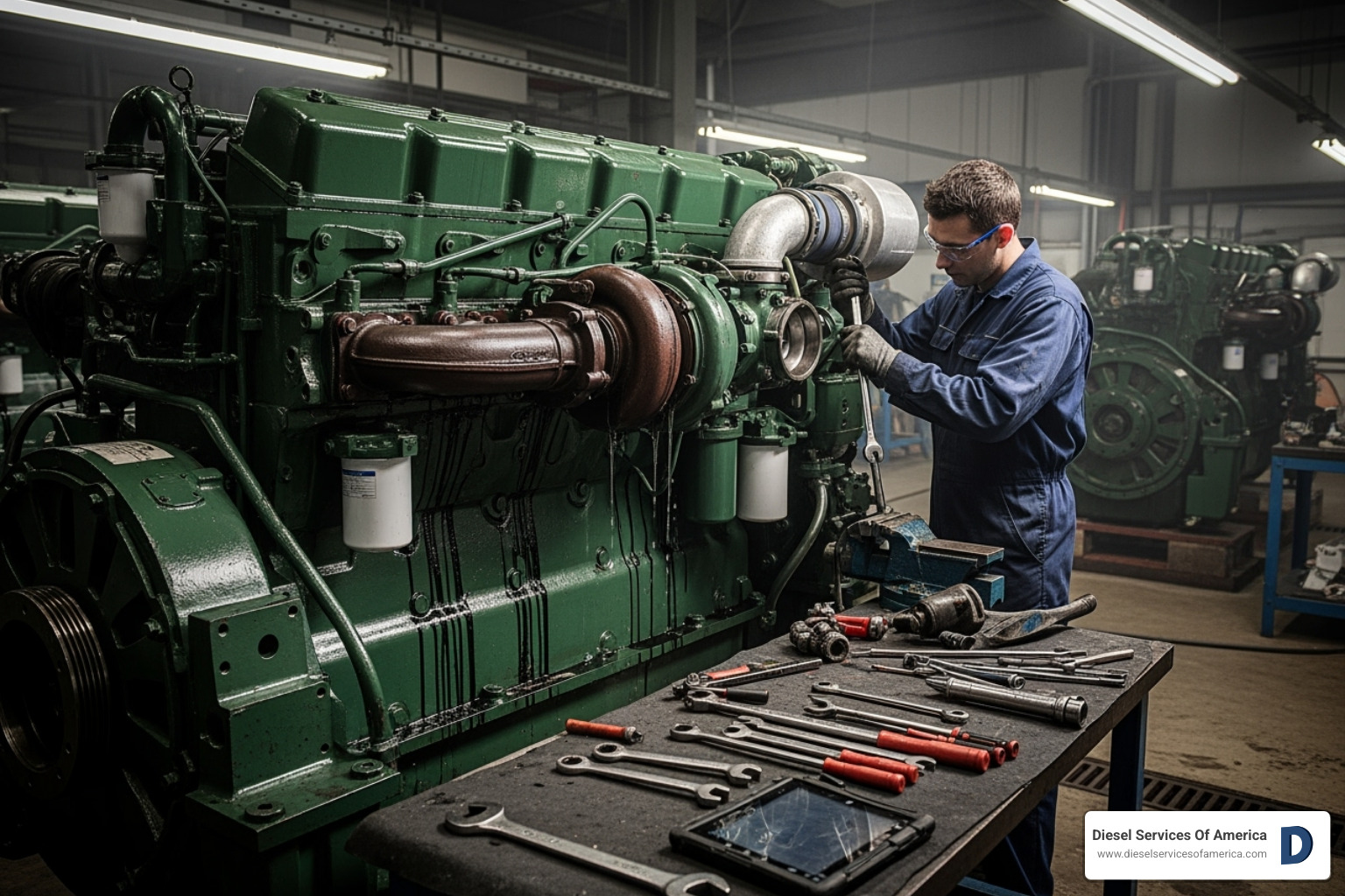 Technician working on a large industrial diesel engine - Diesel engine power upgrades