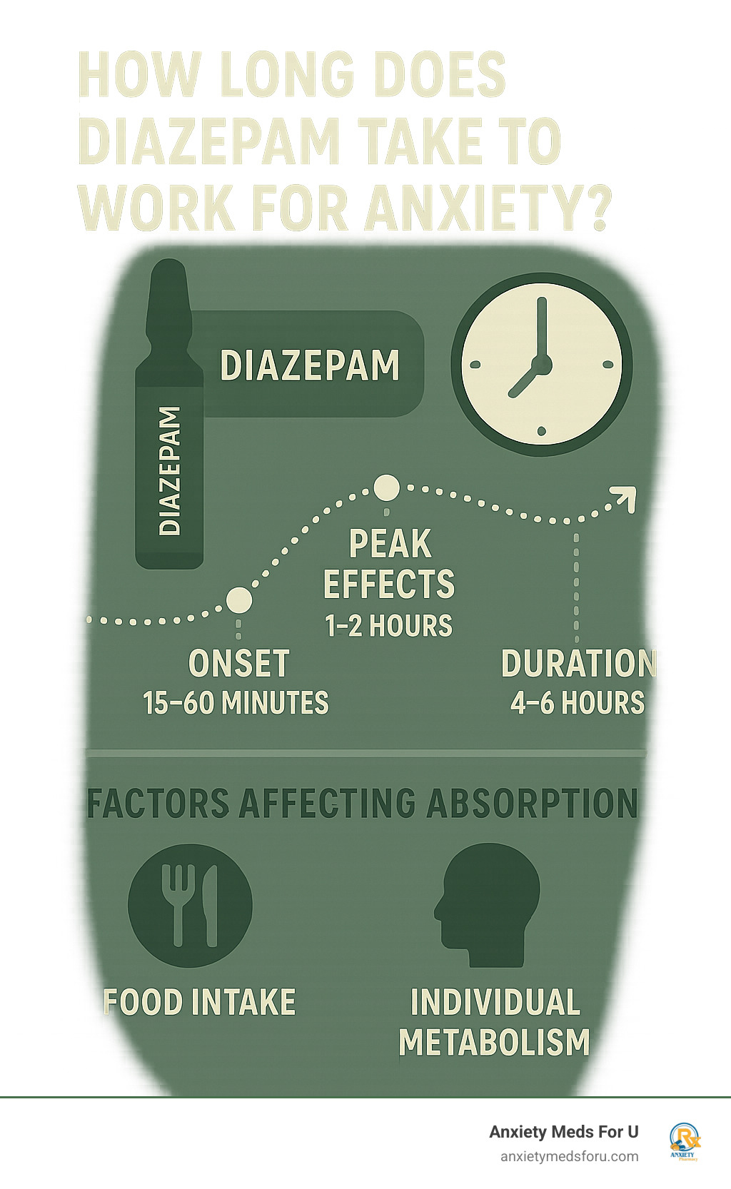 Infographic showing diazepam timeline: onset within 15-60 minutes, peak effects at 1-2 hours, therapeutic duration of 4-6 hours, with factors affecting absorption including food intake and individual metabolism - how long does diazepam take to work for anxiety infographic 