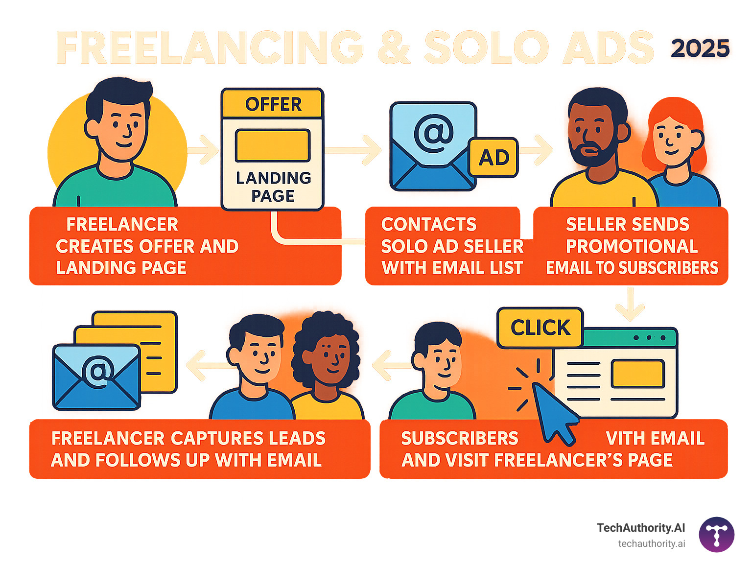 Infographic showing solo ad process: Freelancer creates offer and landing page, contacts solo ad seller with email list, seller sends promotional email to subscribers, subscribers click and visit freelancer's page, freelancer captures leads and follows up with email sequence - Freelancing & Solo Ads infographic 