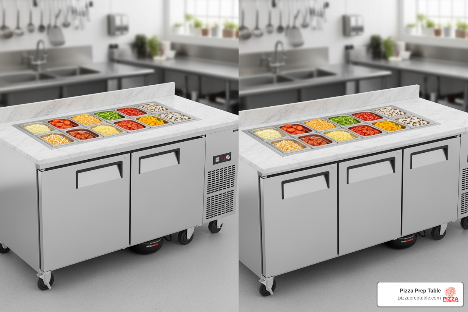 comparison of a 2-door and a 3-door pizza prep table side-by-side - pizza prep counter comparison of a 2-door and a 3-door pizza prep table side-by-side - pizza prep counter