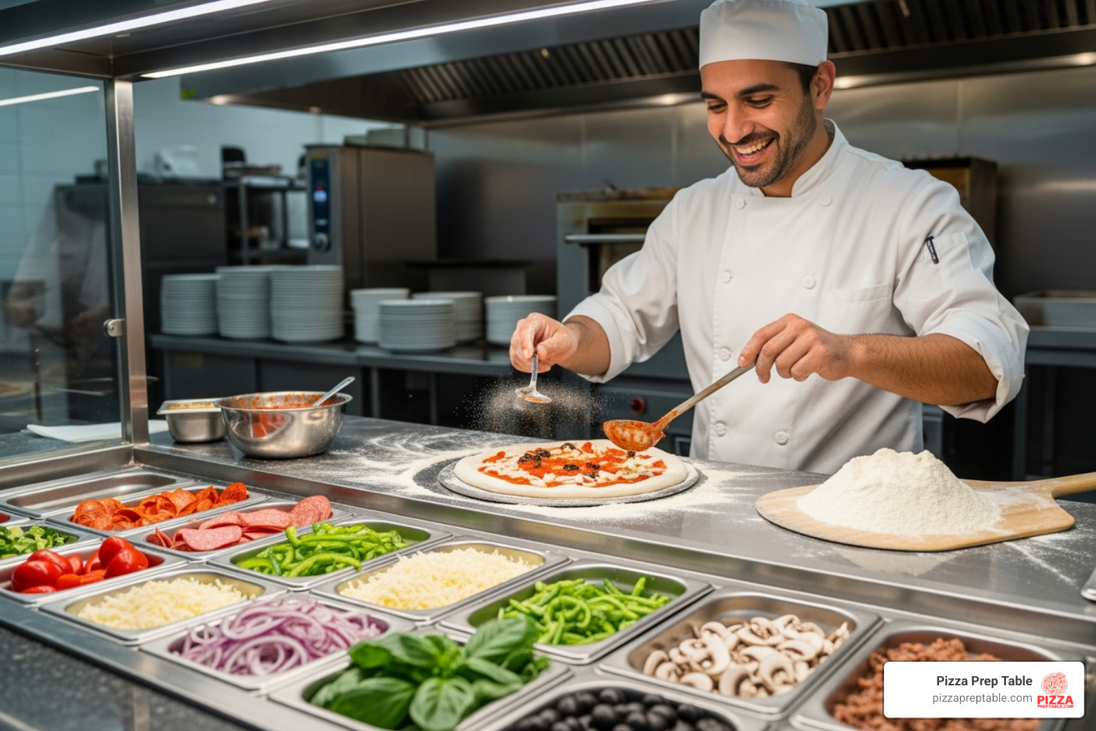 happy chef making a pizza at a new, efficient pizza prep counter - pizza prep counter happy chef making a pizza at a new, efficient pizza prep counter - pizza prep counter