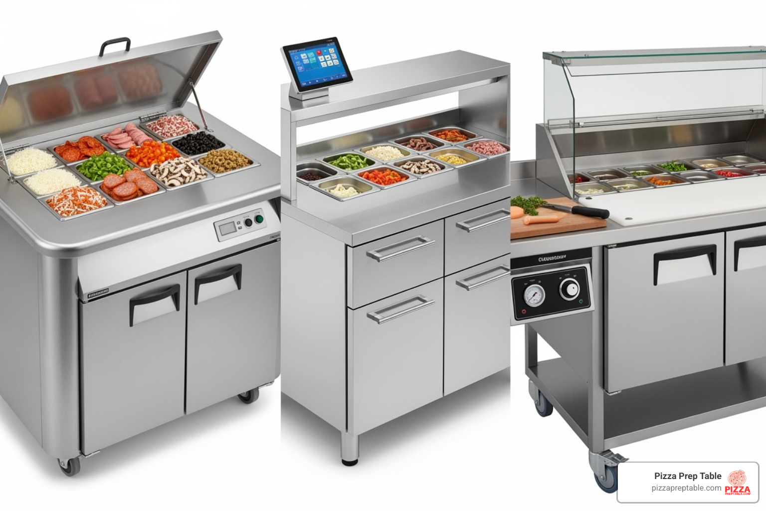 collage of top brands like True, Atosa, and Turbo Air - pizza prep counter collage of top brands like True, Atosa, and Turbo Air - pizza prep counter