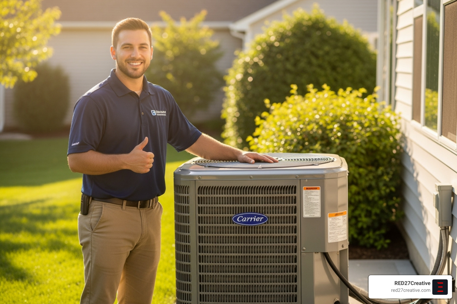 friendly HVAC technician smiling and giving a thumbs-up next to a newly installed air conditioning unit - HVAC digital marketing experts friendly HVAC technician smiling and giving a thumbs-up next to a newly installed air conditioning unit - HVAC digital marketing experts