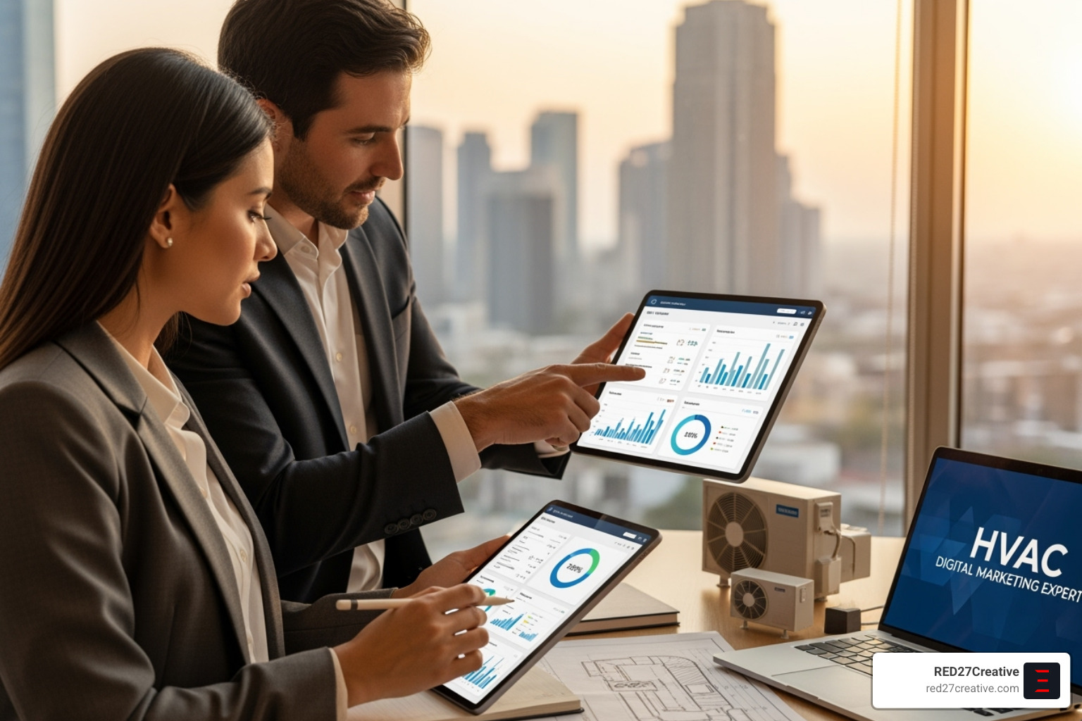 clean, easy-to-read marketing report on a laptop screen, highlighting KPIs like Cost Per Lead and Conversion Rate - HVAC digital marketing experts clean, easy-to-read marketing report on a laptop screen, highlighting KPIs like Cost Per Lead and Conversion Rate - HVAC digital marketing experts
