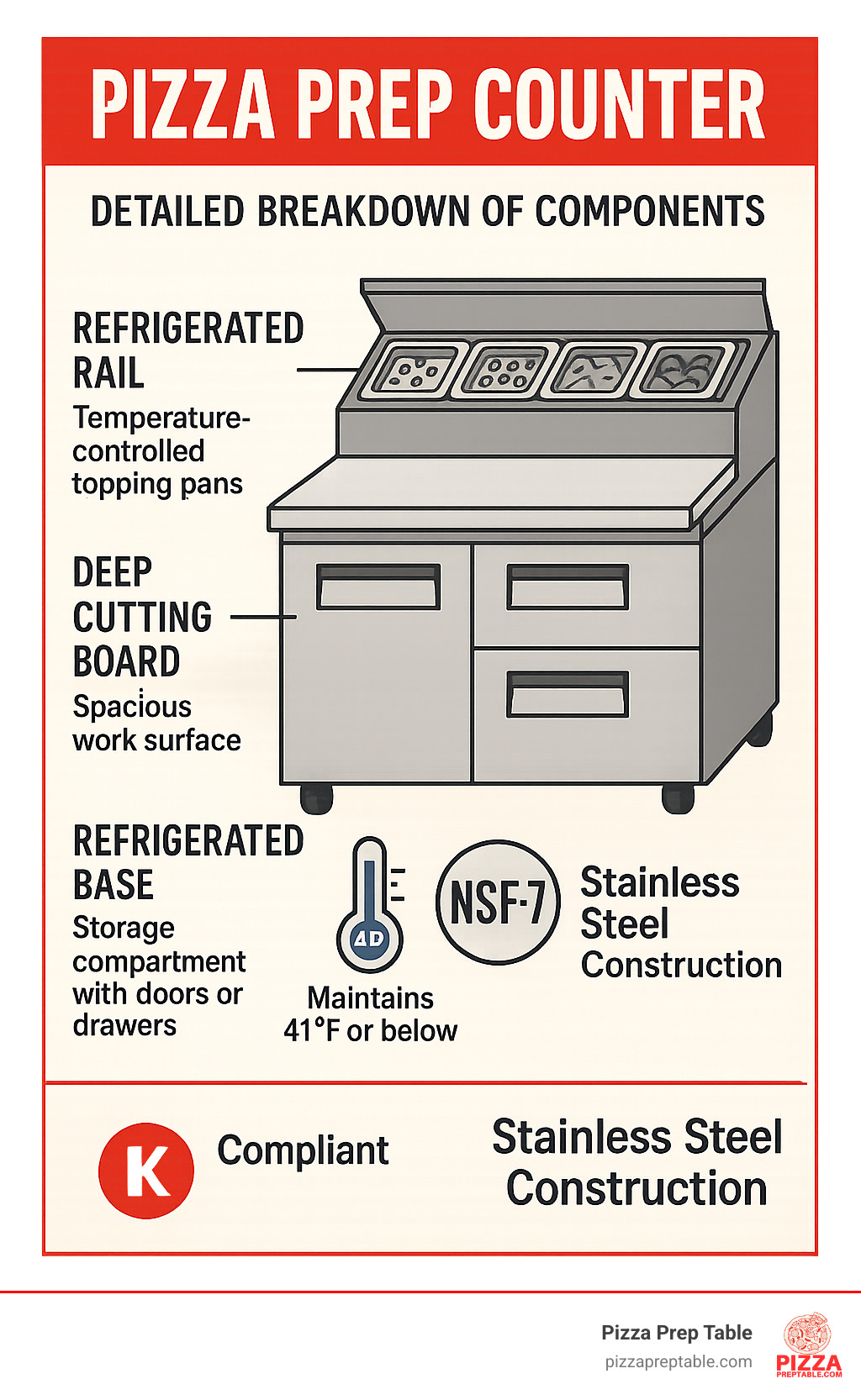 Detailed breakdown of pizza prep counter components showing refrigerated rail with temperature-controlled topping pans at the top, spacious cutting board work surface in the middle, and refrigerated base storage compartment with multiple doors or drawers at the bottom, along with key specifications like NSF-7 compliance and stainless steel construction - pizza prep counter infographic  Detailed breakdown of pizza prep counter components showing refrigerated rail with temperature-controlled topping pans at the top, spacious cutting board work surface in the middle, and refrigerated base storage compartment with multiple doors or drawers at the bottom, along with key specifications like NSF-7 compliance and stainless steel construction - pizza prep counter infographic