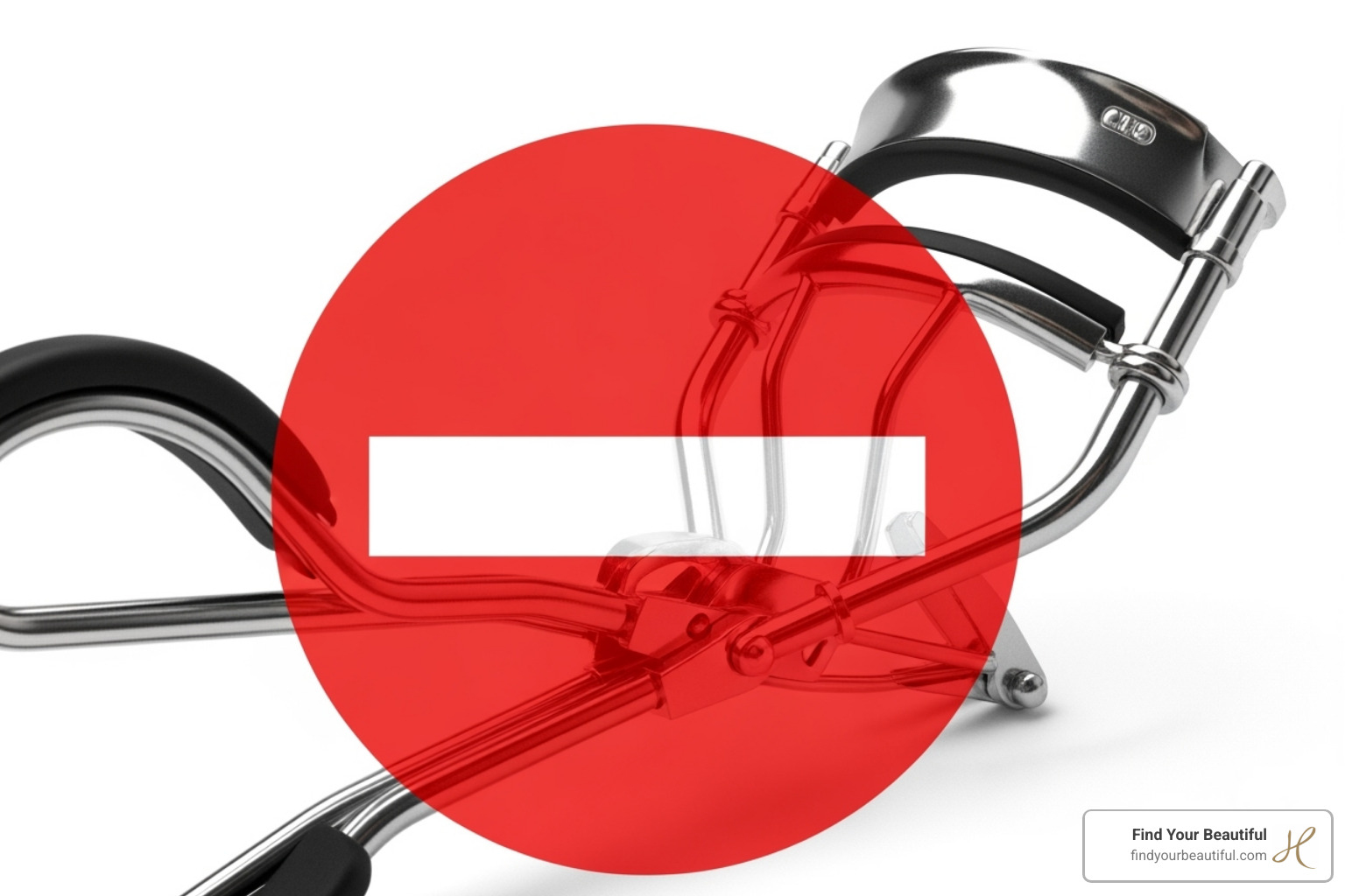 Mechanical eyelash curler with a red "do not" symbol