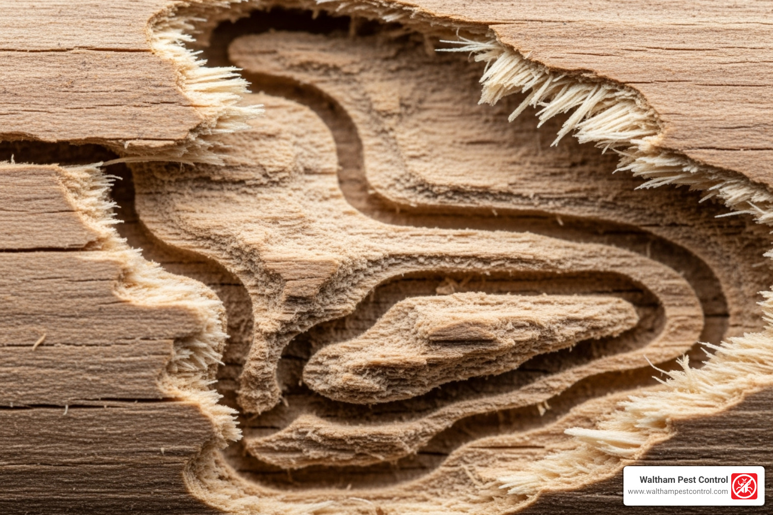 wood damage caused by carpenter ants showing smooth, clean galleries - black ants with wings in bathroom