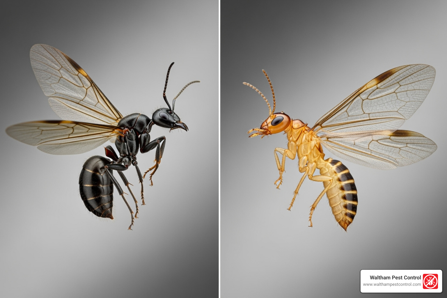 side-by-side comparison of a flying ant and a winged termite, with labels pointing to key features like antennae, waist, and wings - black ants with wings in bathroom