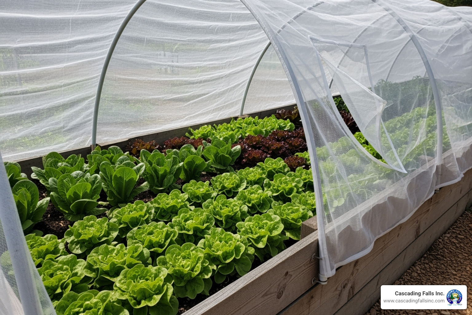 A raised vegetable garden bed covered by a simple hoop house structure draped with white shade cloth, protecting rows of vibrant green lettuce are visible underneath the diffused light. - garden shade structure