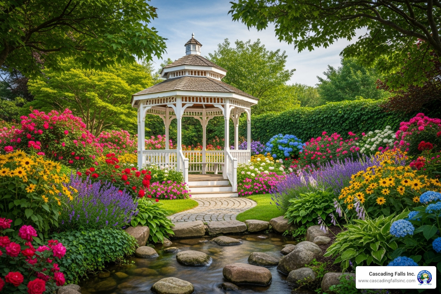 A classic white gazebo with a tiered roof stands majestically in a lush flower garden, surrounded by vibrant blooms and green foliage. - garden shade structure