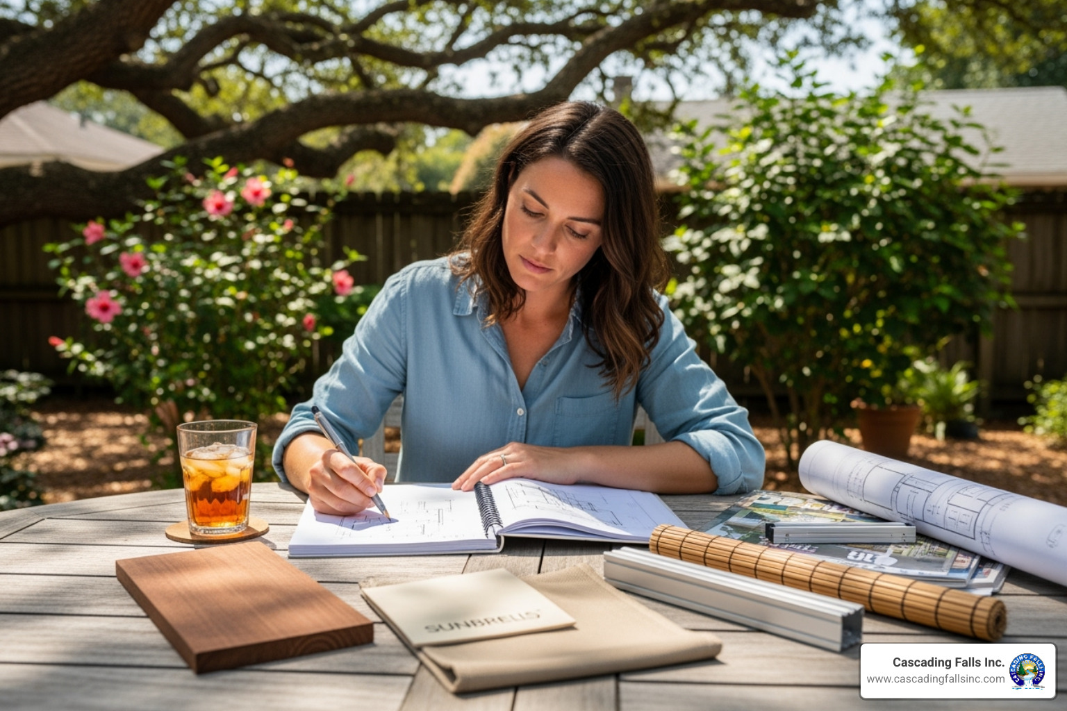 A homeowner sits at an outdoor table, intently sketching design ideas for a backyard shade structure. Material samples, including wood and fabric swatches, are laid out on the table beside the plans. - garden shade structure