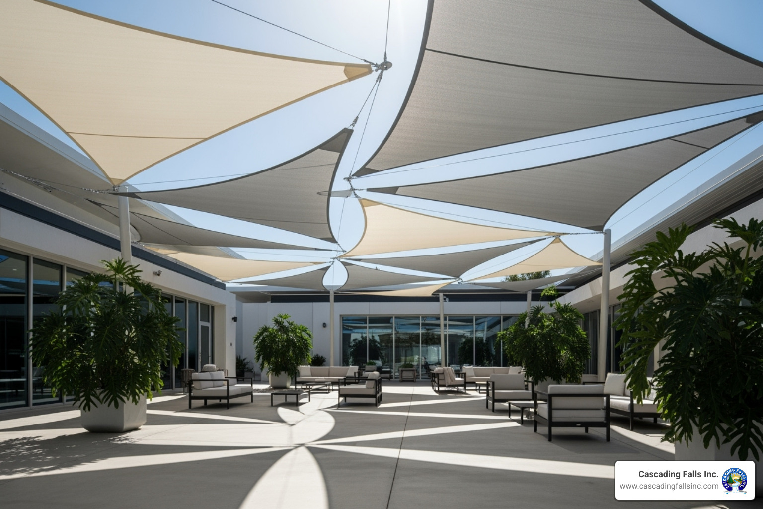 Triangular shade sails in varying shades of cream and light gray are artfully layered over a modern patio, casting dynamic shadows and creating an artistic, functional overhead design. - garden shade structure