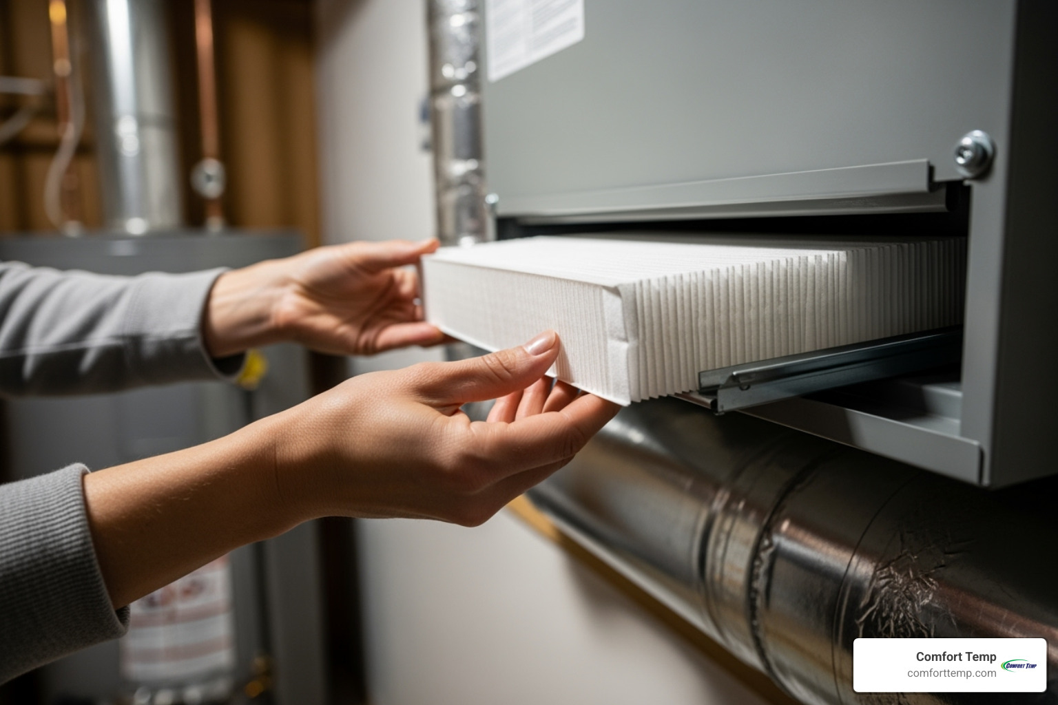 a homeowner sliding a clean new filter into an air handler - ac maintenance a homeowner sliding a clean new filter into an air handler - ac maintenance