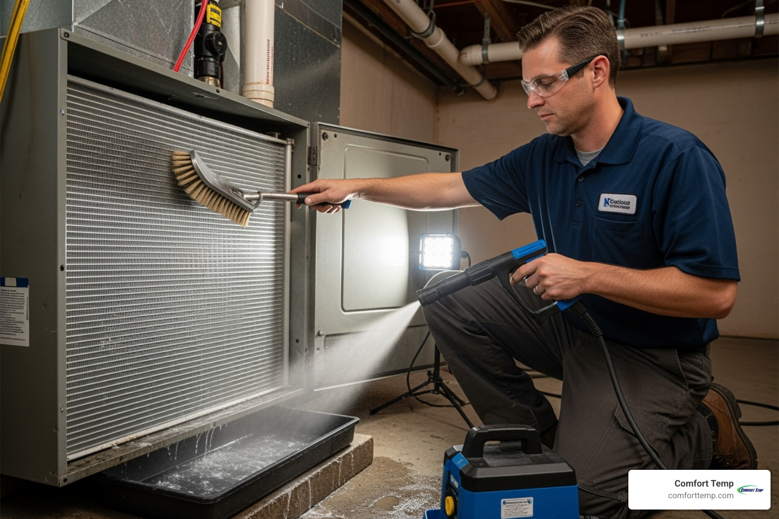 an HVAC technician professionally cleaning an evaporator coil - ac maintenance an HVAC technician professionally cleaning an evaporator coil - ac maintenance