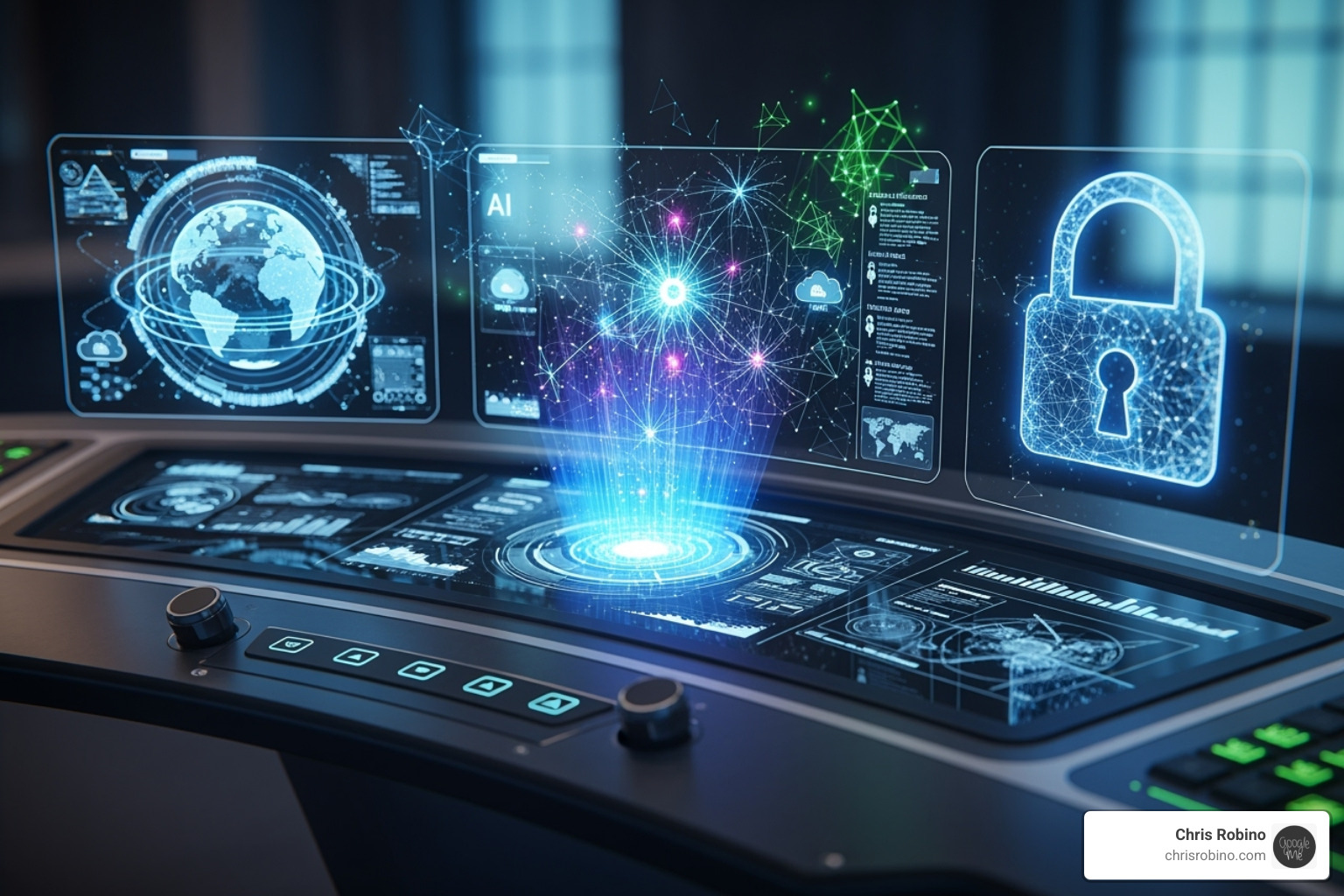 Futuristic dashboard displaying AI, cloud, and cybersecurity metrics - it consulting services