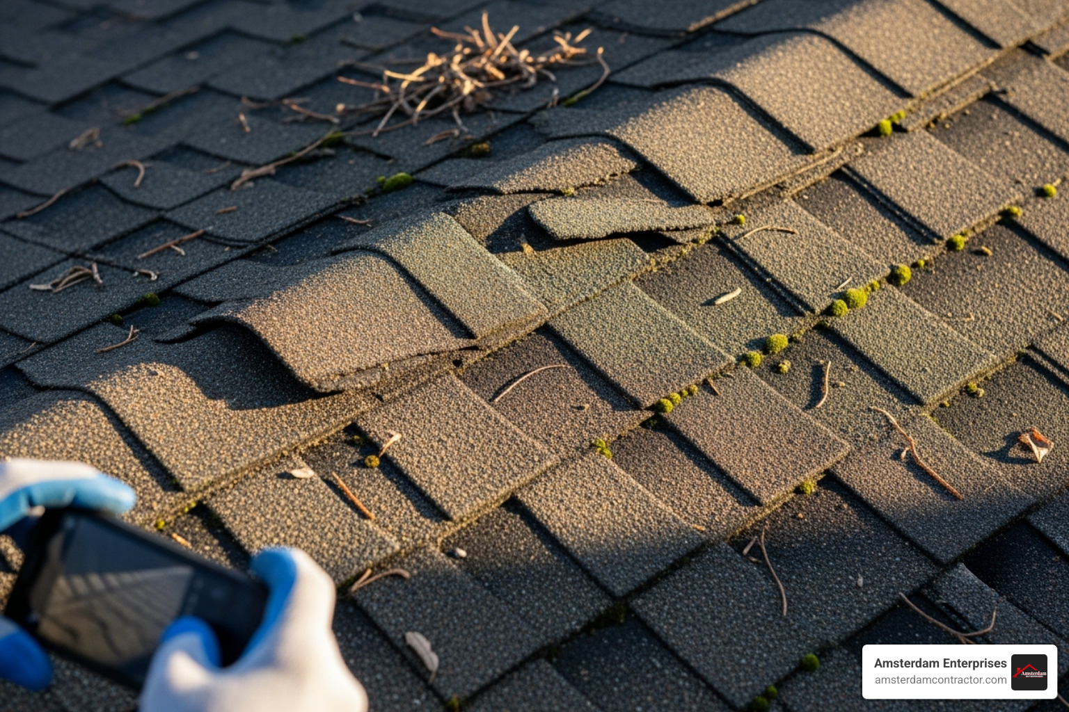 A roof inspection showing signs of wear like cracked shingles and granule loss - roofing contractor