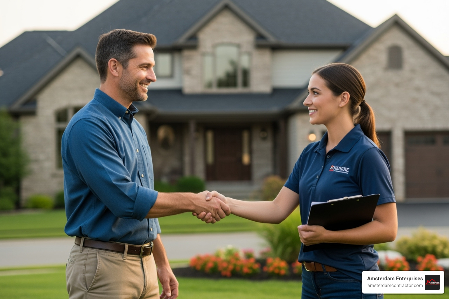 A homeowner shaking hands with a trusted roofing contractor - roofing contractor