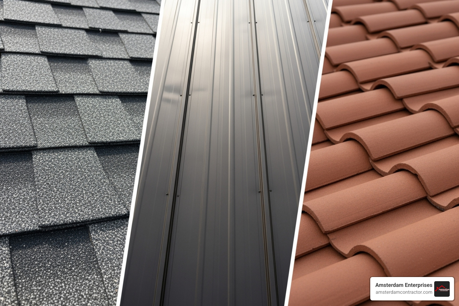Different roofing materials like asphalt shingles, metal panels, and tiles - roofing contractor