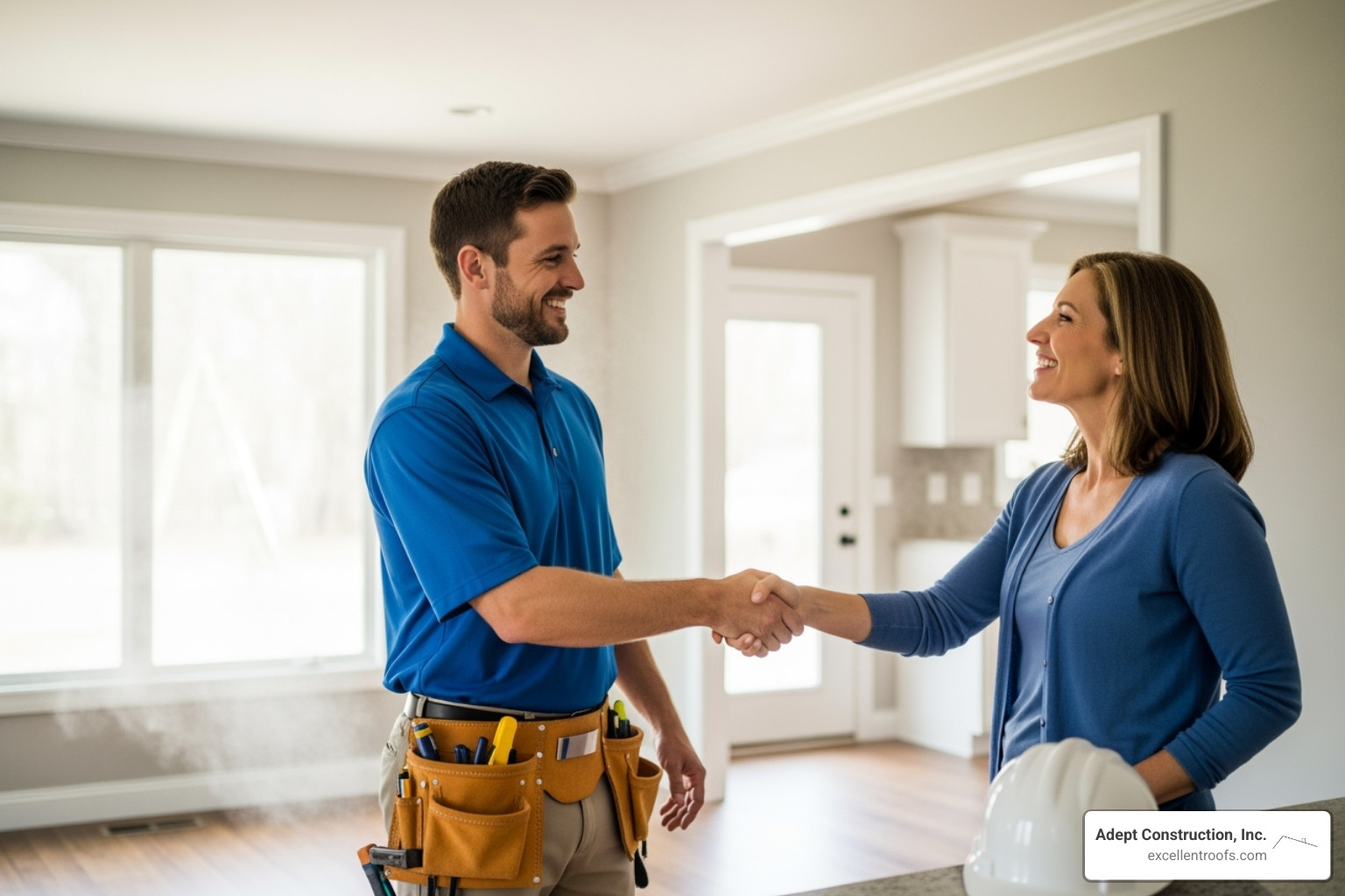 friendly contractor shaking hands with a satisfied homeowner - naperville roof replacement