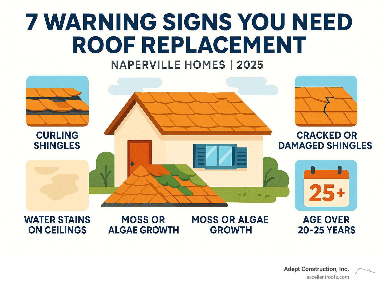 Detailed infographic showing the 7 key warning signs that indicate a Naperville home needs roof replacement: curling shingles, missing granules, cracked or damaged shingles, sagging roofline, water stains on ceilings, moss or algae growth, and age over 20-25 years, with visual examples of each sign - naperville roof replacement infographic 
