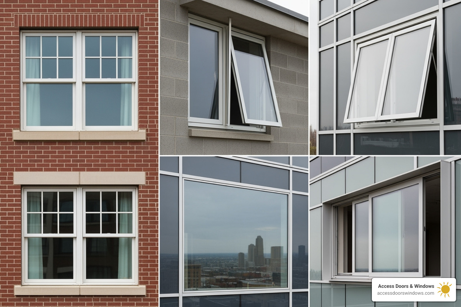 Various window styles including double-hung, casement, awning, picture, and sliding windows, showcasing different architectural applications. - window installers near me
