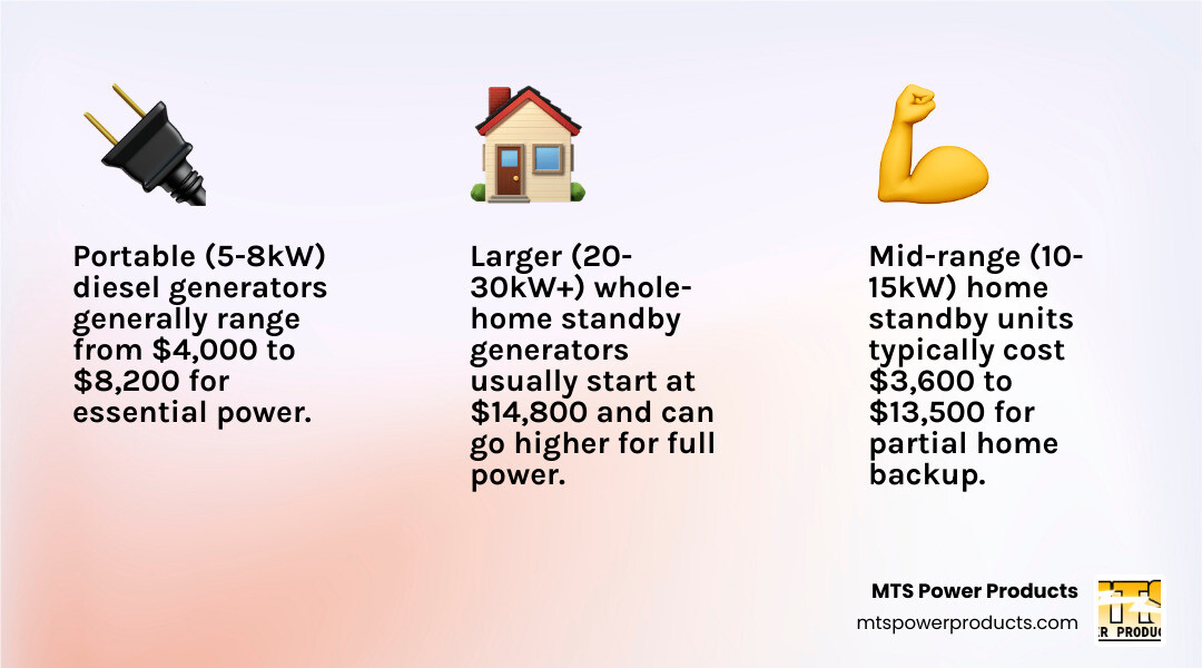 Infographic showing typical price ranges for home diesel generators based on wattage and type - diesel generator for home price infographic 3_facts_emoji_light-gradient