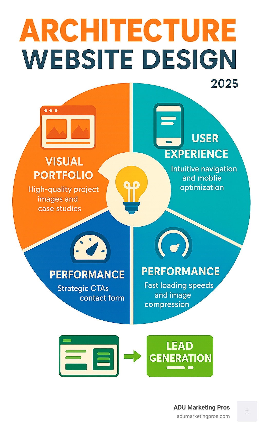 Infographic showing the 5 key pillars of effective architecture website design: Visual Portfolio displaying high-quality project images and case studies, User Experience with intuitive navigation and mobile optimization, Design Philosophy section communicating firm values and approach, Performance optimization with fast loading speeds and image compression, and Lead Generation through strategic CTAs and contact forms - architecture website design infographic Infographic showing the 5 key pillars of effective architecture website design: Visual Portfolio displaying high-quality project images and case studies, User Experience with intuitive navigation and mobile optimization, Design Philosophy section communicating firm values and approach, Performance optimization with fast loading speeds and image compression, and Lead Generation through strategic CTAs and contact forms - architecture website design infographic