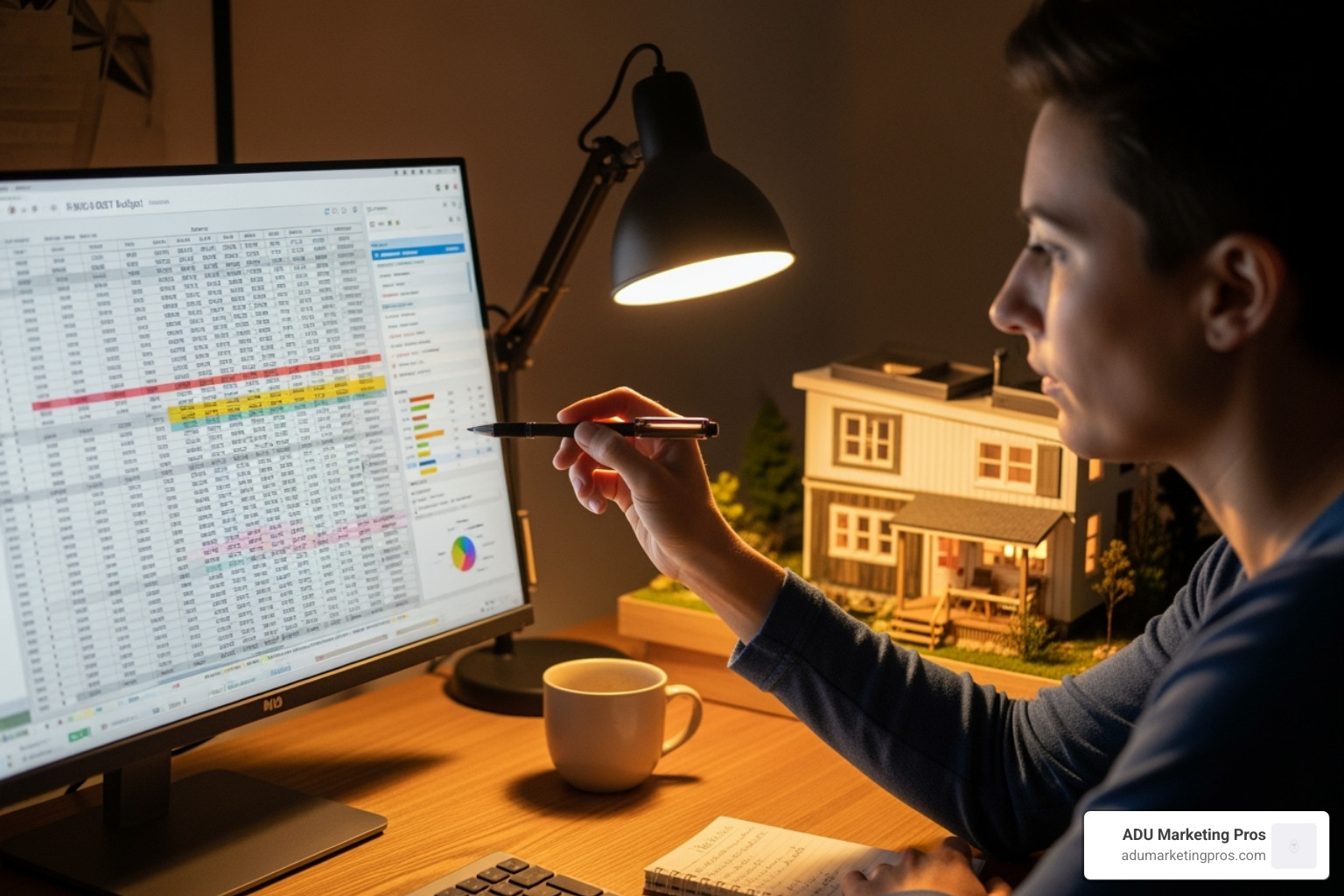A person sits at a wooden desk, carefully reviewing a financial budget sheet, with a detailed scale model of a tiny home visible in the background, symbolizing the planning phase of a tiny home purchase.