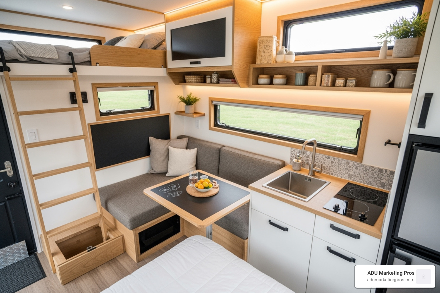Bright and airy interior of a tiny home on wheels, featuring clever space-saving design with a loft bed, a compact kitchen, and multi-functional wooden furniture that maximizes the living area.