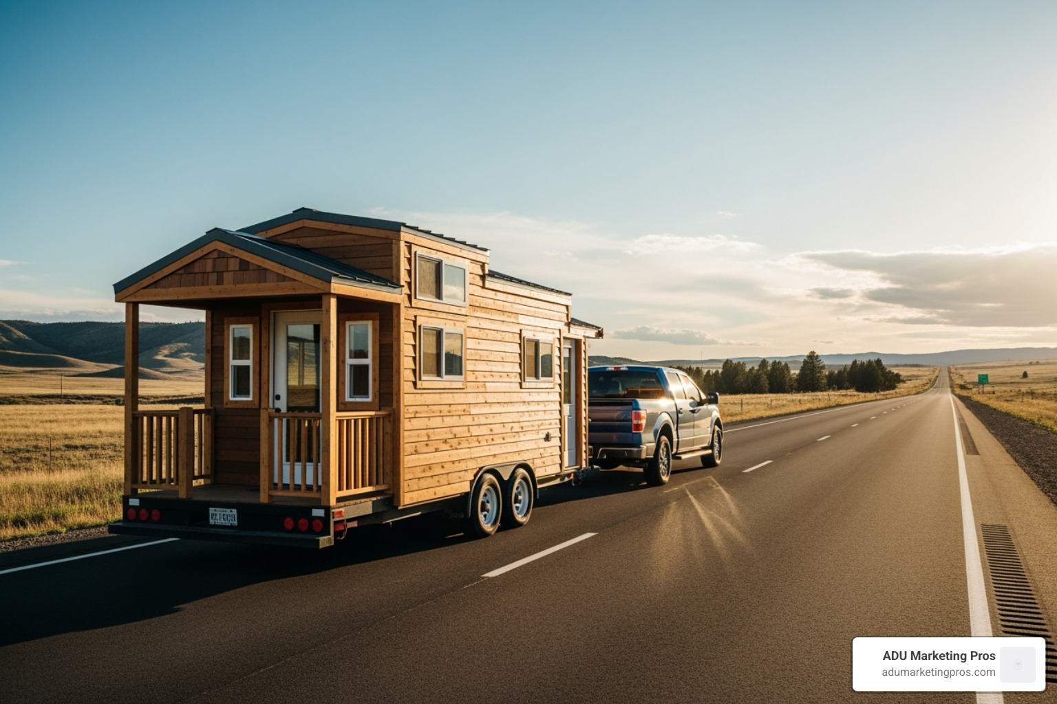 A powerful pickup truck tows a large, wood-paneled tiny home on wheels along a scenic highway, illustrating the mobility and transport logistics involved in the tiny living lifestyle.