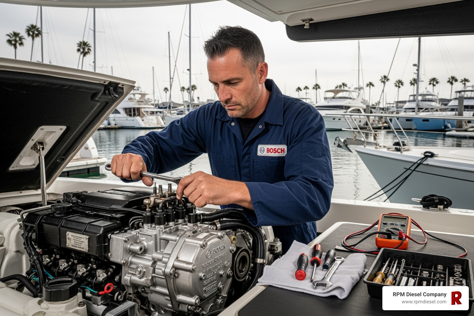 technician servicing a Bosch injector pump on a yacht - bosch injector pump